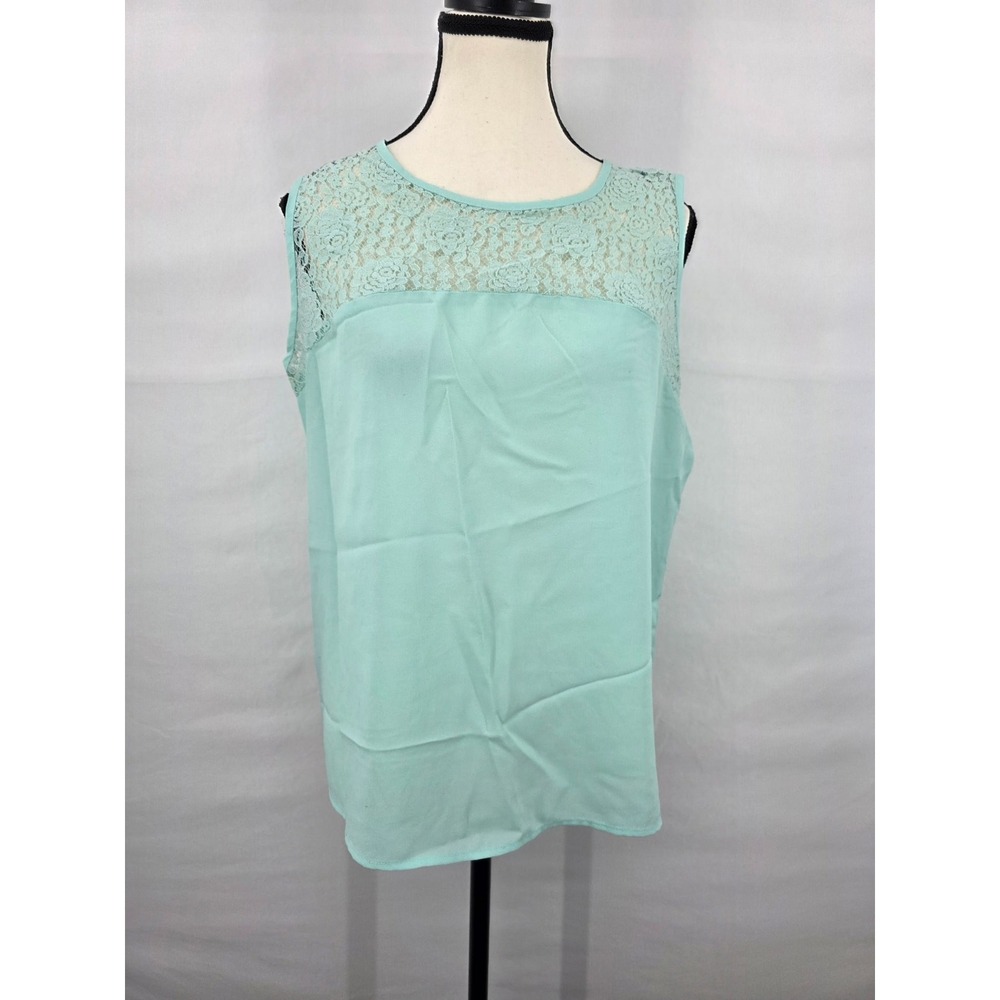 One Clothing Mint Green Lace Yoke Sleeveless Blouse Round Neck Keyhole Back L